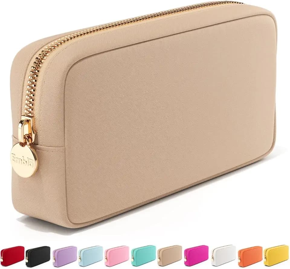 Embla Medium Travel Makeup Bag and Waterproof Nylon Travel Toiletry Bag with Smooth Zipper, Compact Slim Cosmetic Pouch, Beige