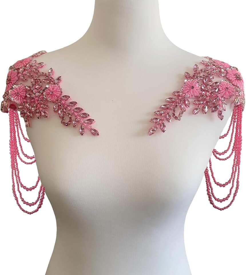 1 Pair Beaded Tassel Rhinestones Applique Embellishment for Clothes Epaulettes Shoulder Patches Sew-on Diamond Sequin Applique for Wedding Dress DIY Accessories (Pink)