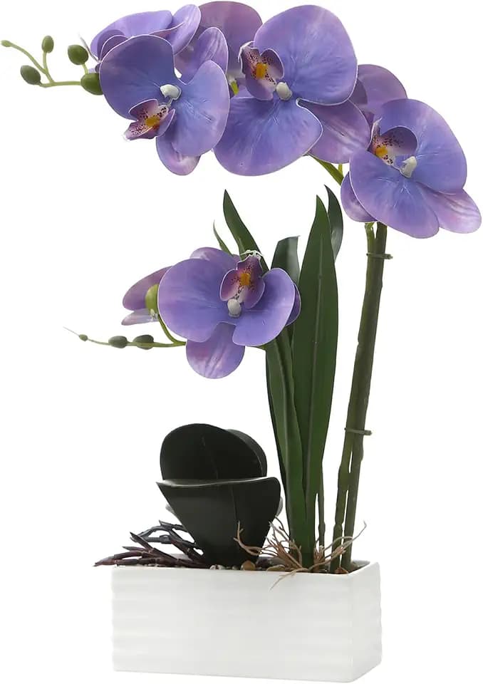 Artificial Real Touch Orchid Flowers with White Ceramic Vase, Lavender