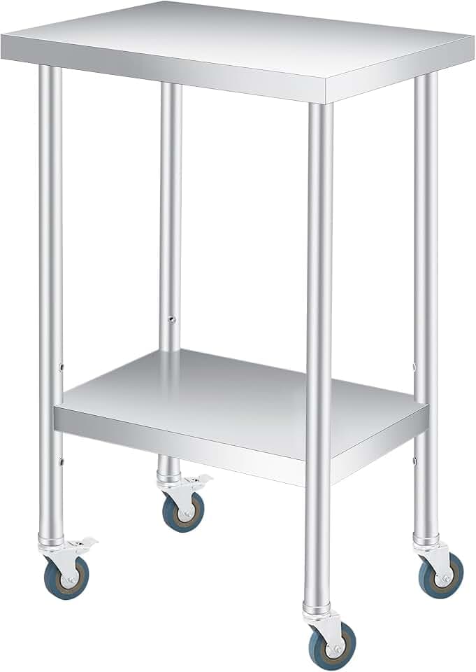 14"X24"x35" Stainless Steel Work Table, 2-Tier Commercial Metal Prep Table with Lockable Casters, Rust-Resistant Utility Tables for Kitchen, Restaurant, Laundry, Garage, Indoor, Outdoor