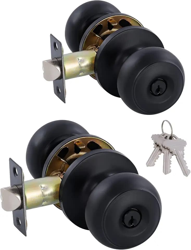 (2 Pack Matte Black Door Knobs Interior Keyed Difference Entry Front Bedroom Doorknobs with Lock Flat Ball Handle Lock Sets