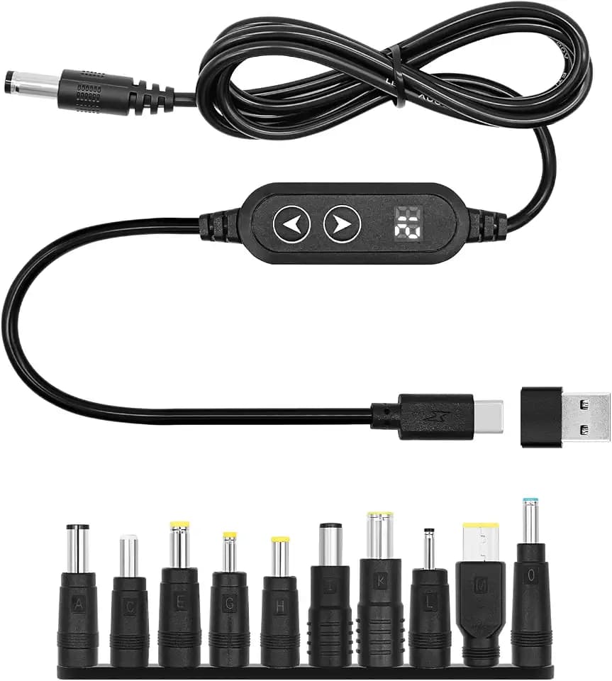 PD & USB auf DC 5.5x2.1mm Adapter Kabel, 5V/9V/12V/15V/20V Einstellbare Spannung mit 10 DC Steckern und Typ-C auf USB Adapter 1.2M USB auf DC Stecker Adapterkabel kompatibel mit Laptop, Router