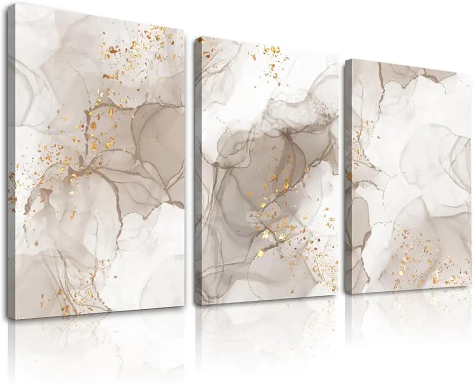 Beige Abstract Wall Art Set of 3,Beige Gold Boho Wall Decor Living Room,Netural Tones Mid Century Modern Framed Wall Art,Netural Boho Canvas Art Wall Decor Paintings for Bedroom Bathroom-12" x 16"