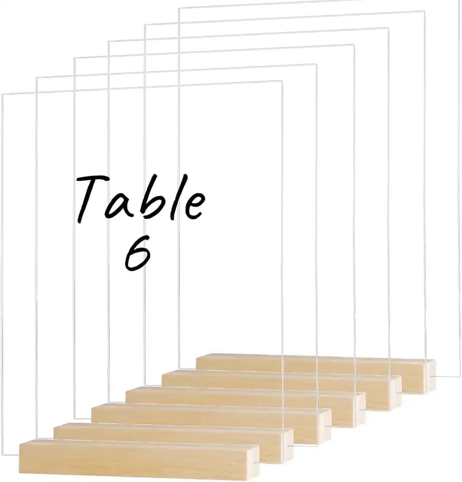 6 Pack 8x10 Inch Square Arch Acrylic Sign with Stands, Clear Acrylic Table Signs, Arched Round Top Sheet, DIY Arch Blank for Wedding Table Number Menu Bar List Sign (Square Clear, Wood Stand)