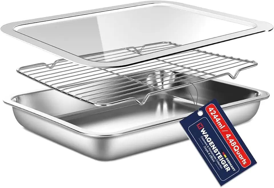 WAGENSTEIGER Stainless Steel Food Prep Pan Set with Rack & Transparent Lid, Casserole Dish, Roasting Pan for Oven, Buffet or Marination Use(No.3)