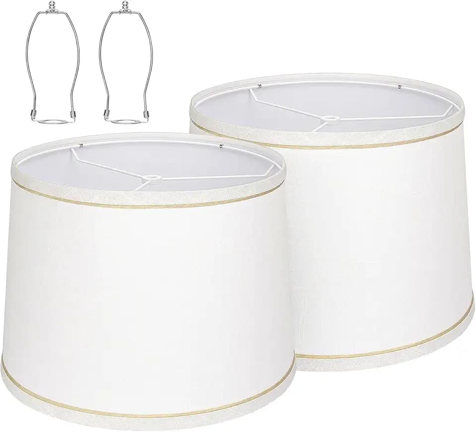 drum Fabric White lamp shades Set of 2 for table lamps – 11.6" Top x 12.6" Bottom x 9.8" High,Qvtekn Medium Lampshades for floor and desk lamps, Natural Linen Handcrafted with Easy Assembly