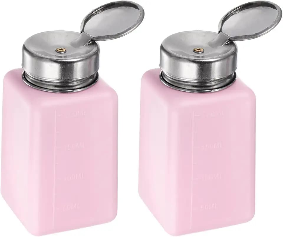 HARFINGTON 2pcs Solvent Alcohol Dispensers 200ml(6.8oz) Push Down Liquid Dispenser Pump Bottle with Sealing Stainless Steel Lid for Acetone Cleanser Polish Remover, Pink