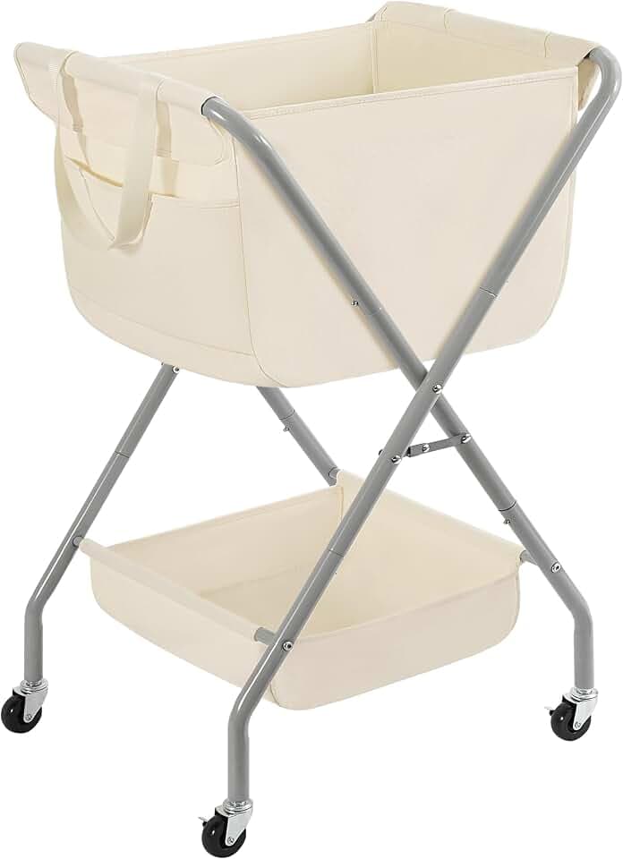 STORAGE MANIAC Collapsible Laundry Cart with Wheels 35.6"H Removable Canvas Bag Rolling Laundry Hamper Clothes Basket with Wheels, Sturdy Steel Frame Folding for Small Narrow Space Easy Storage, Beige