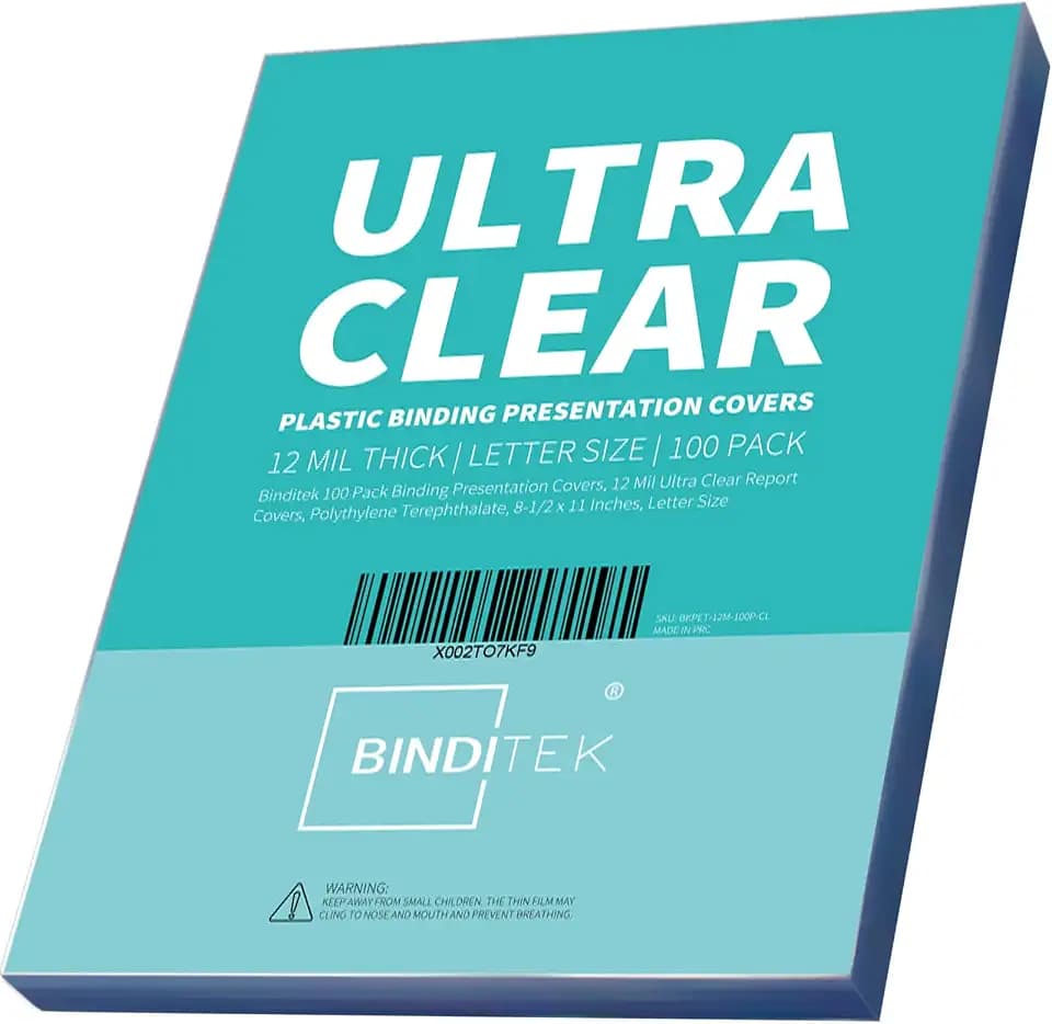 Binditek 12 Mil PET Binding Covers, 8.5 x 11 Inches, Ultra Clear, 100 Pack