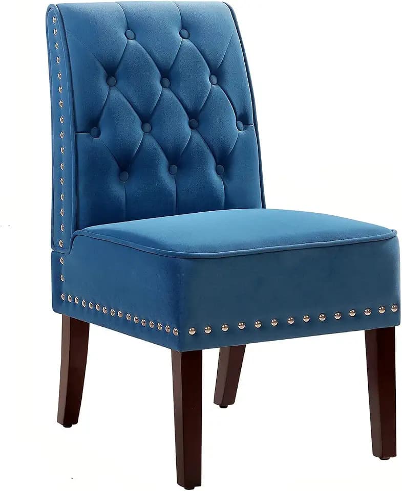 Blue Velvet Dining Chairs, DRM'SCUUM Comfy Dining Room Chairs, Soft Blue Velvet with Fabric Buttons and Nails, Rubber Wood Legs, for Kitchen, Home and Coffee Decor Accents