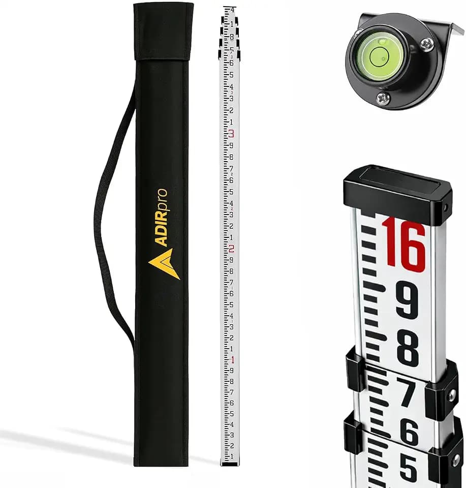 AdirPro 16-Foot Aluminum Grade Rod - 10ths, Dual Sided 5-Section Telescopic Leveling Rod – Bubble Level and Soft Carrying Case Included