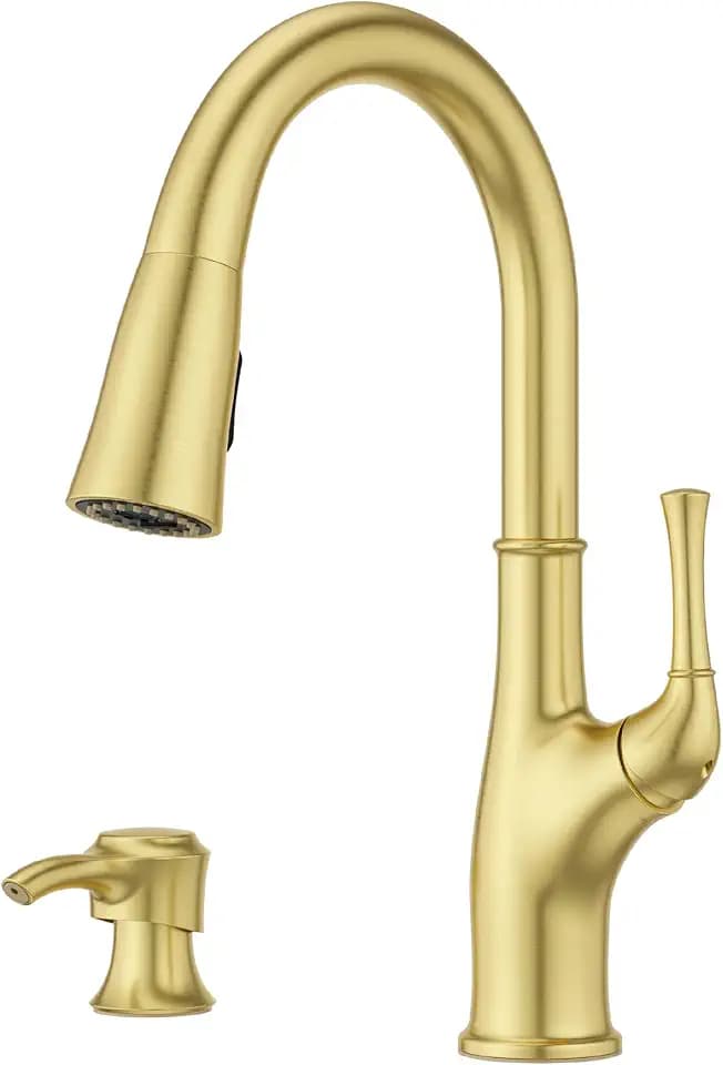 Pfister Alderwood Kitchen Faucet with Pull Down Sprayer and Soap Dispenser Single Handle High Arc Spout Brushed Gold Finish NSF Certified 1 or 3 Hole Installation F5297AWBG