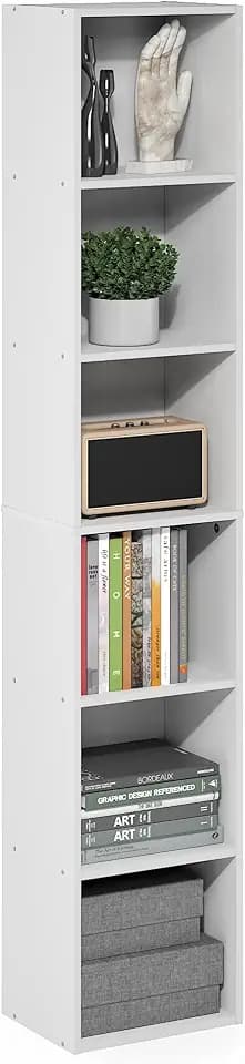 Furinno LUDER 6-Tier Narrow Book Shelf, Slim Bookshelf, White