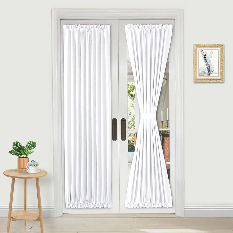 DWCN French Door Curtains – Rod Pocket Thermal Curtain for Doors with Glass Window, Kitchen and Patio Doors for Privacy, 36 X 72 Inches Long, 1 Curtain Panel with Tieback,Pure White