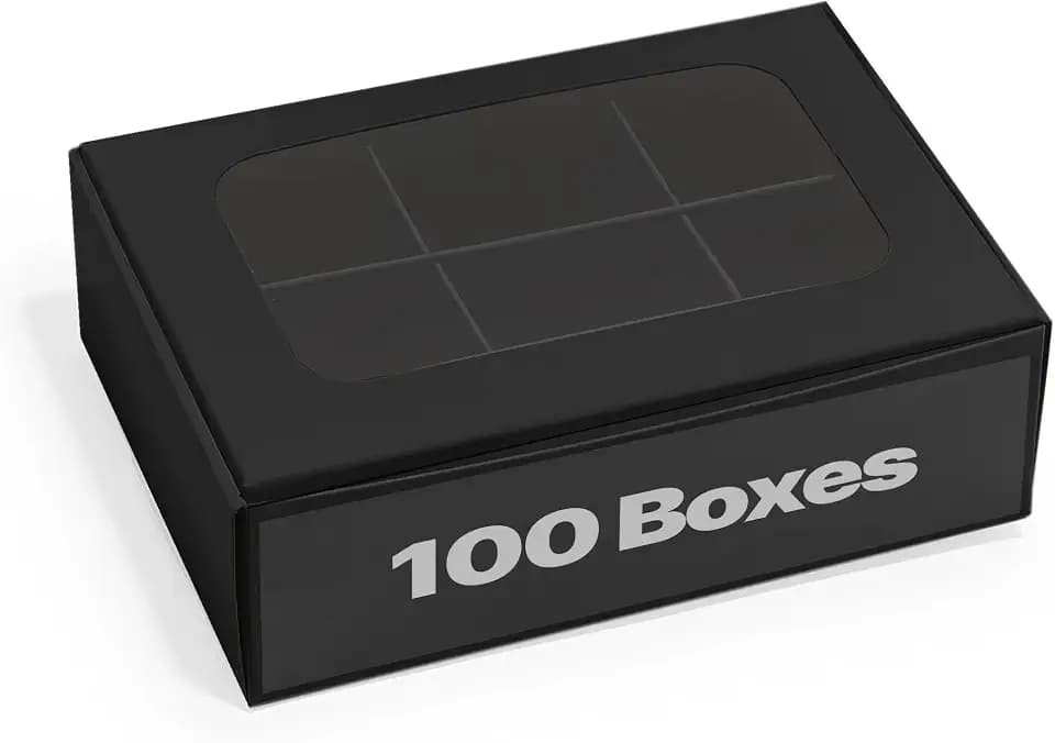 100 pcs Black Mini Truffle Box for 6 treats with Window and Dividers, Bakery Boxes, 5 x 3.5 x 1.57 Inches VERY SMALL Baking Boxes, Square Truffles Decorating Supplies for Gift Giving