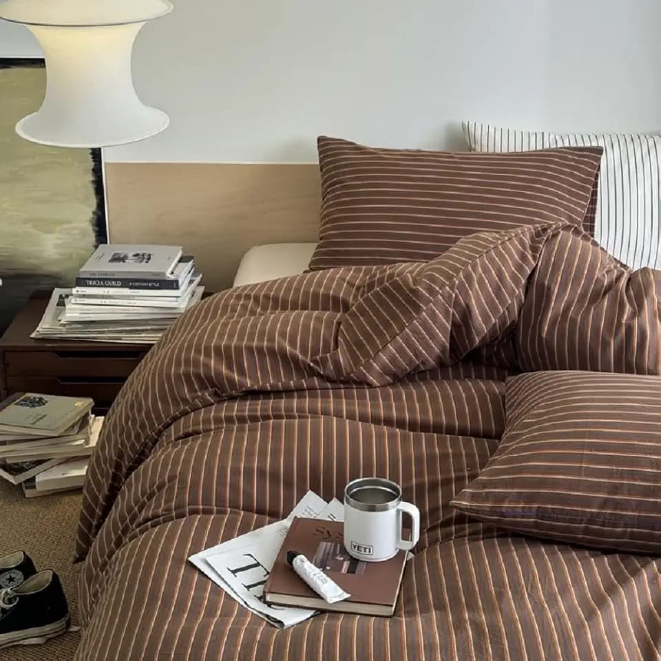 Striped Duvet Cover Twin Size Retro Brown Striped Bedding Set