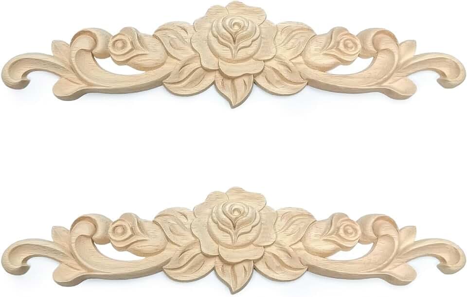 2Pcs Decorative Rose Wood Carved Appliques Onlays, 15.7 inch Unpainted Solid Wood Round Carving Decal for Furniture Cabinet Bed Wardrobe Closet DIY Decoration (16x4inch,2PCS)