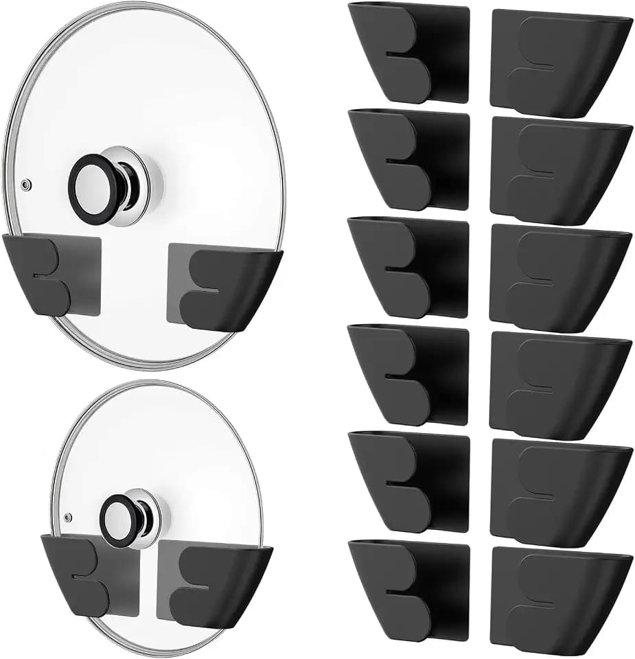 Niceyos Universal Adjustable Pot Lid Organizer for Cabinet - Upgraded Patented Set of 8 Pan Lids Organizers Inside Cabinet Door Wall Mount Pots Top Holder for Kitchen Cupboard, Fits 6" to 14" (Black)