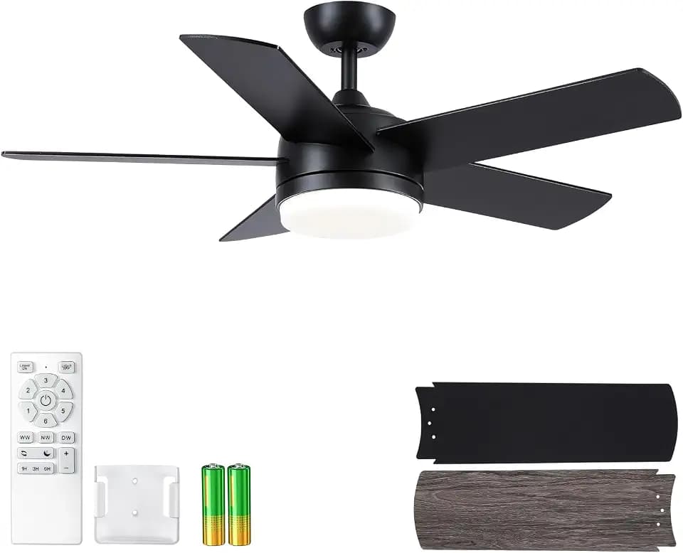 YUHAO 44 Inch Black Ceiling Fan with Light and Remote Control.Noiseless,Dimmable,3CCT,6 Speeds Reversible, DC Ceiling Fans for Indoor or Covered Outdoor Use.ETL Listed