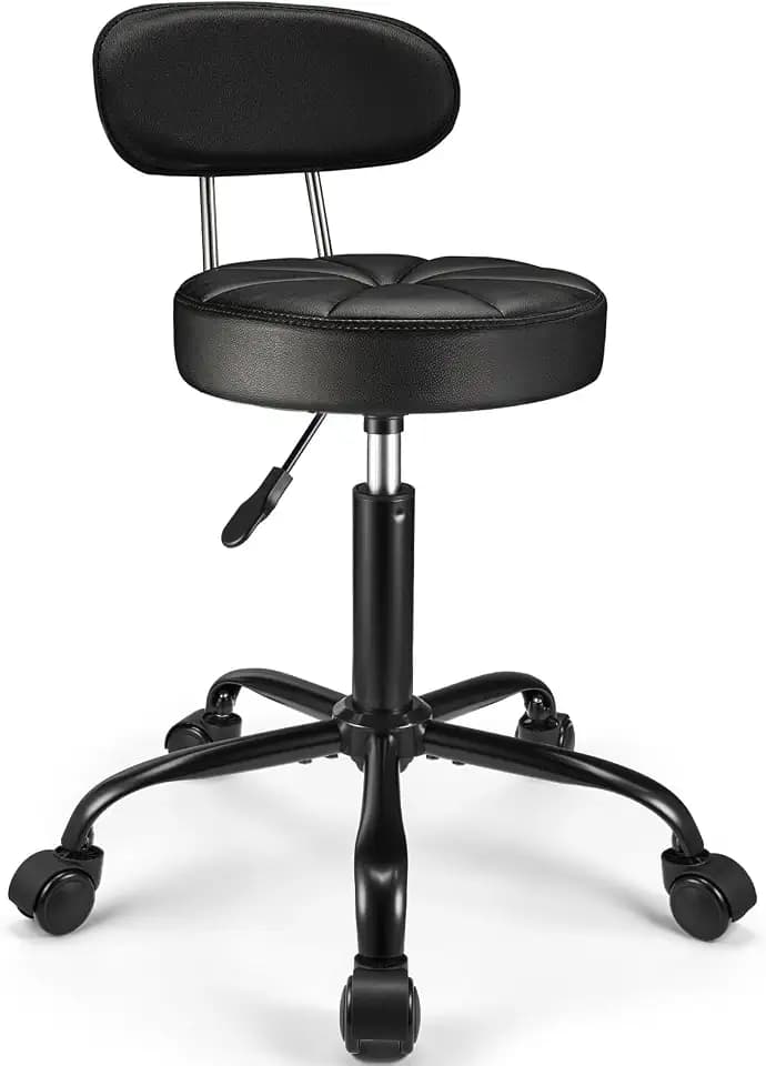 Rollhocker mit Rückenstütze, PU-Leder, Schwarz, 360° Drehbar, Höhenverstellbar, für Salon, Spa und Massage