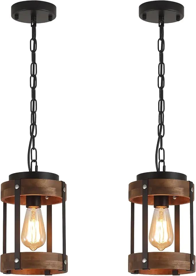 2 Pack Rustic Farmhouse Wood Pendant Light Fixture One-Light Adjustable Chain Oak Wood and Metal Drum Cage Small Pendant Lighting for Kitchen Island Sink Hallway Farmhouse Bathroom Bar, Black