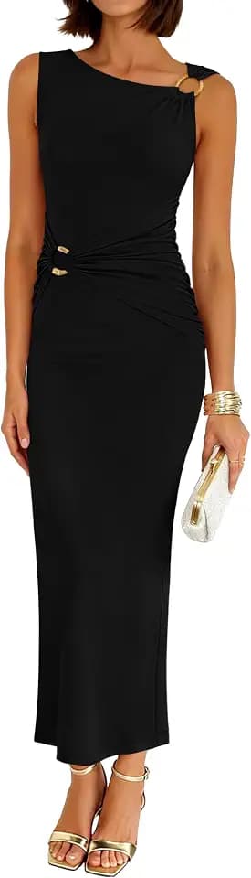 ZESICA Womens Summer Sleeveless Bodycon Ruched Maxi Dress