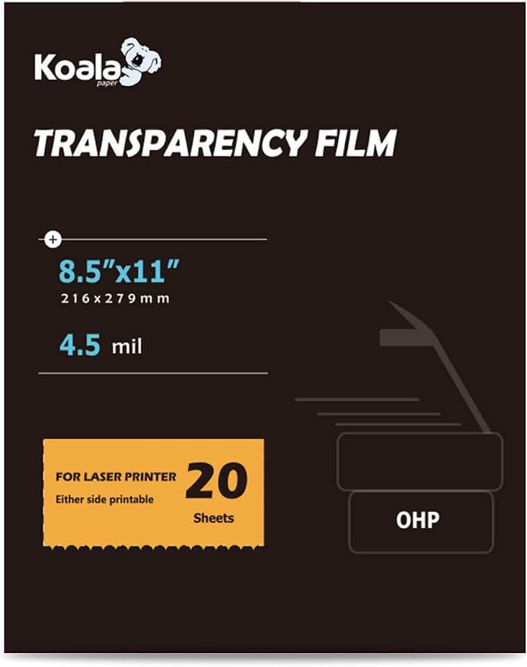 Koala Laser Transparency Film, 8.5x11 Inch, 20 Sheets Transparent OHP Film for Laser Printers, Copiers, for Crafts, Overhead Projectors and Presentations