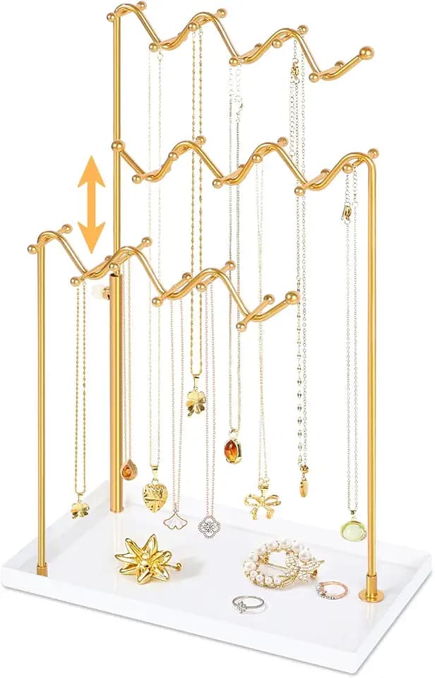 Gold 3-Tier Necklace Holder Organizer Necklace Display Stand with 36 Hooks