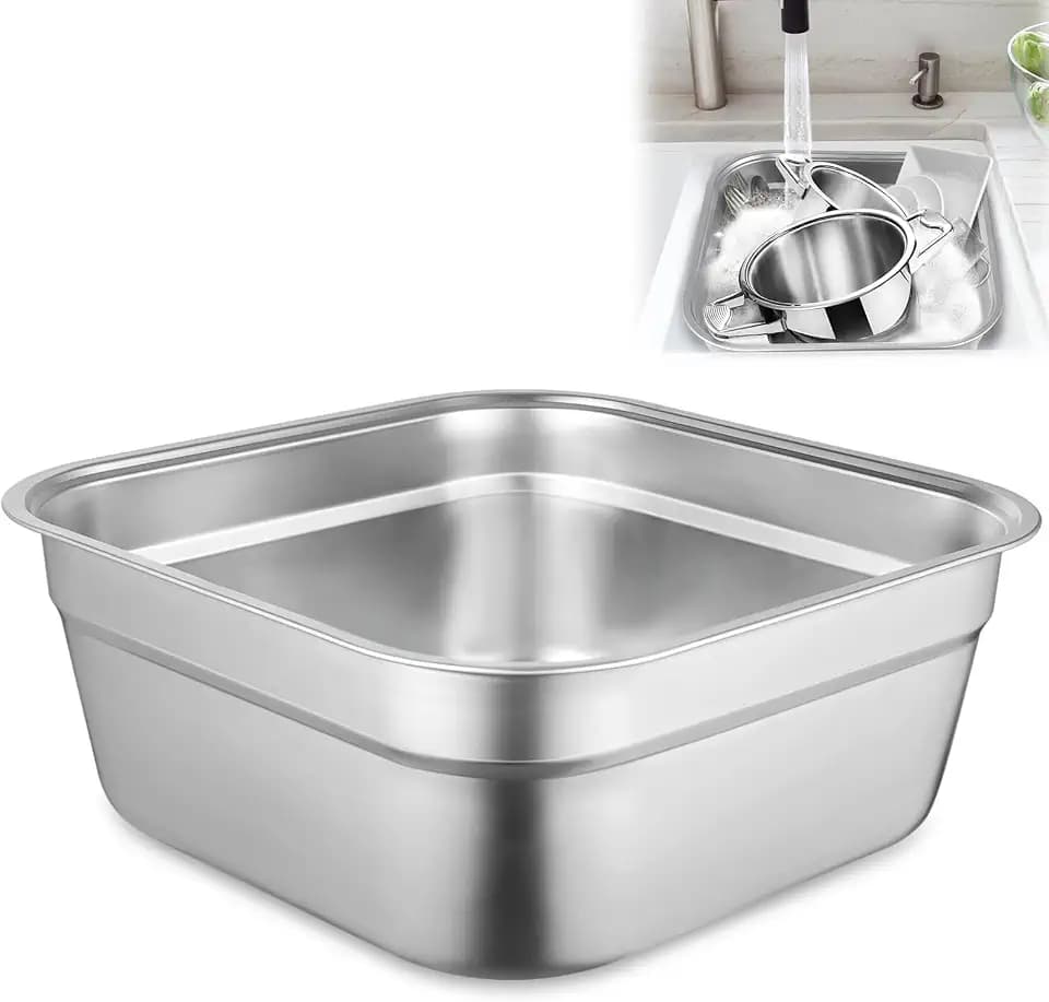 Stainless Steel Washing Up Bowl, Multi-Purpose Dish Tub for Sink, Large Square Container for Kitchen, Vegetable Washing Basin, Multi-functional Metal Dishpan for Home