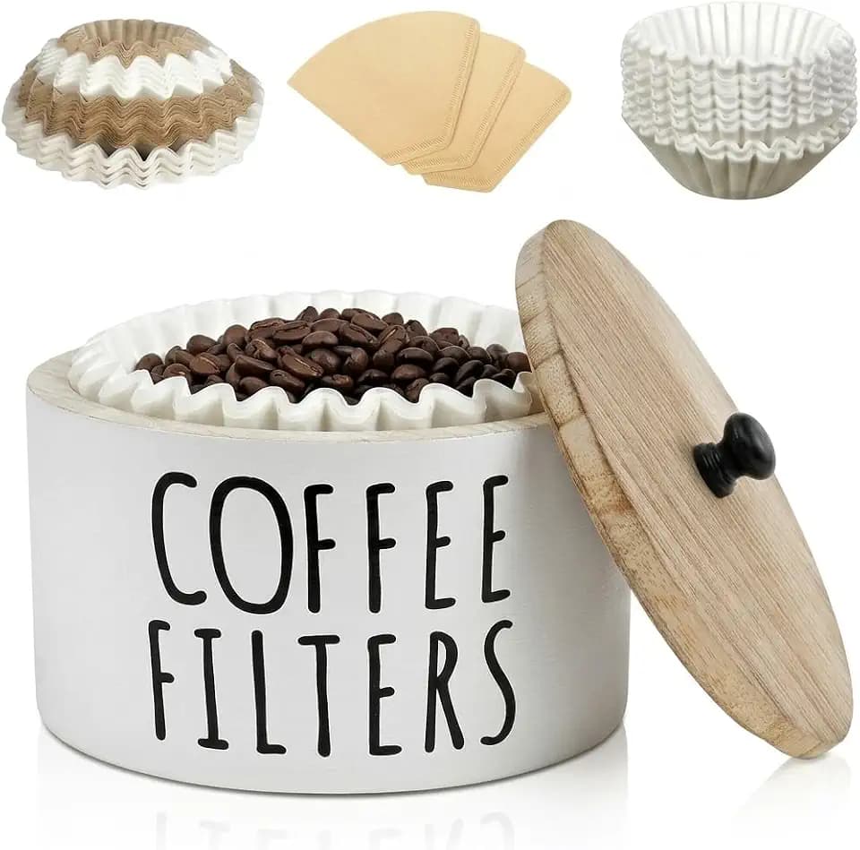Coffee Filter Holder with Lid, Wooden Storage Container for Countertop