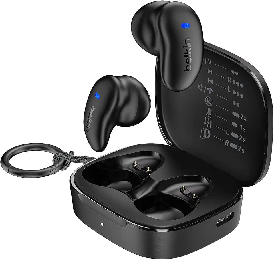 Belkin SoundForm Anywhere In Ear Kopfhörer Kabellos Bluetooth 6.0 für Seitenschläfer, Leicht, Komfortabel, 26 Std. Akkulaufzeit, IPX4, Schlafkopfhörer zum Schlafen, für Sport usw. – Schwarz