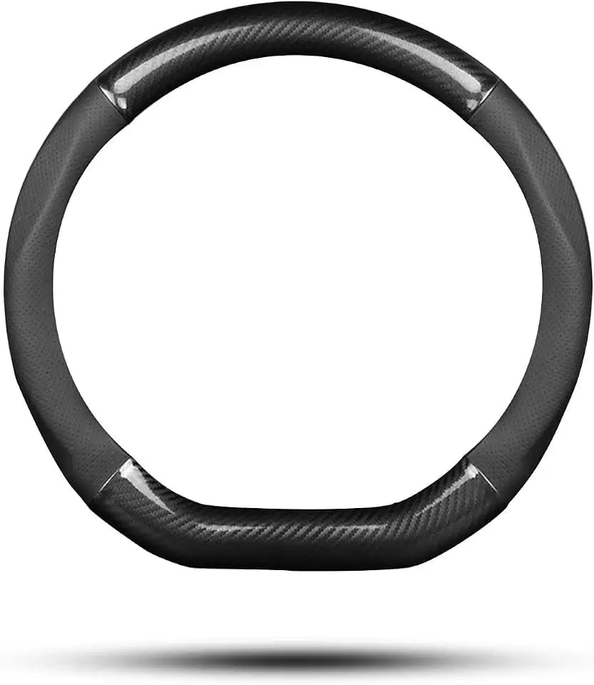 Ergocar Auto Lenkradbezug Rutschfester Auto Lenkradschutz D-Form Kohlefaser & PU Leder für Durchmesser 38cm (15 ") (Schwarz)