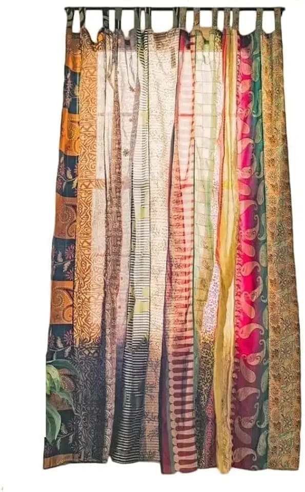 Assorted Vintage Silk Sari Curtain for Doorway, Sheer Bed Canopy, Patchwork Tapestry Window Treatment Curtains (84" x 43") Multicolor