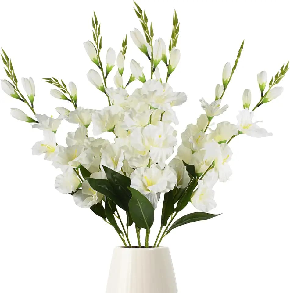 8PCS Artificial Gladioli Flowers with Long Stem, 30.7in Artificial Orchid Plants Faux Silk Flowers for Wedding Bridal Bouquet Wreath Table Centerpiece Outdoor Décor (White)