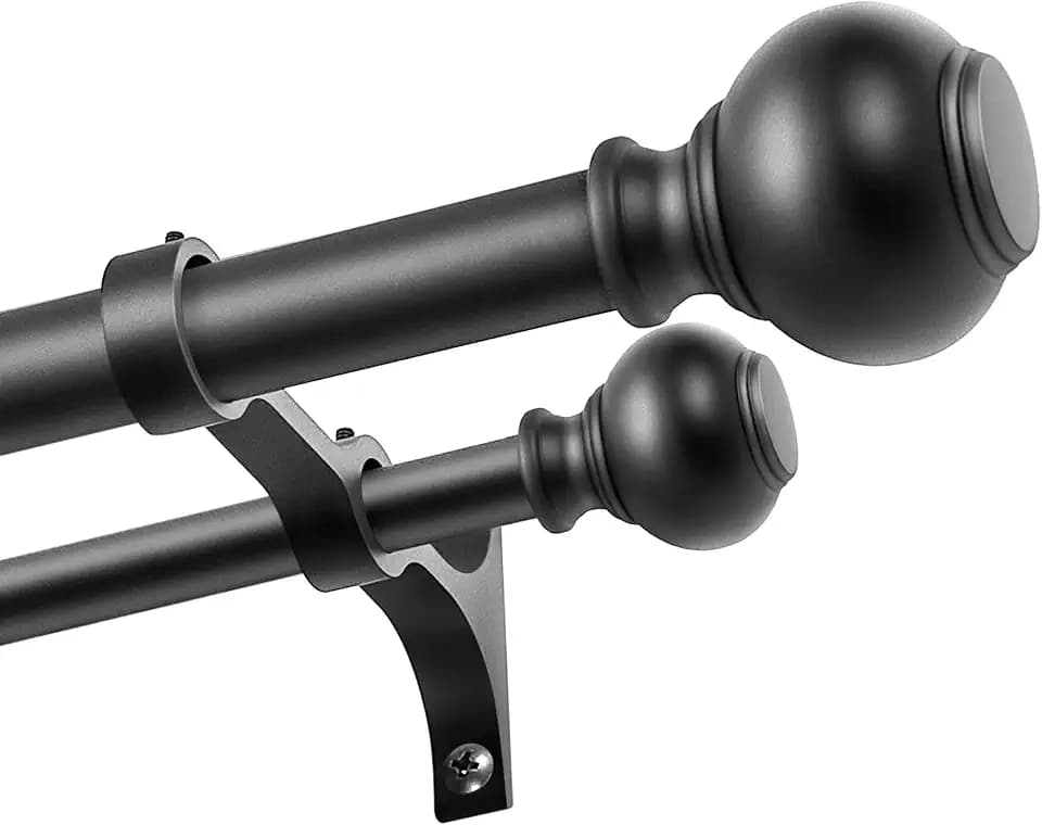 1 Inch Double Curtain Rods 72 to 144 Inches, Adjustable Telescoping Window Drapery Rod, Dual Heavy Duty Curtain Rods with Iron-Finials for Sliding Glass Door, Patio, Bedroom, Kitchen, Matte Black