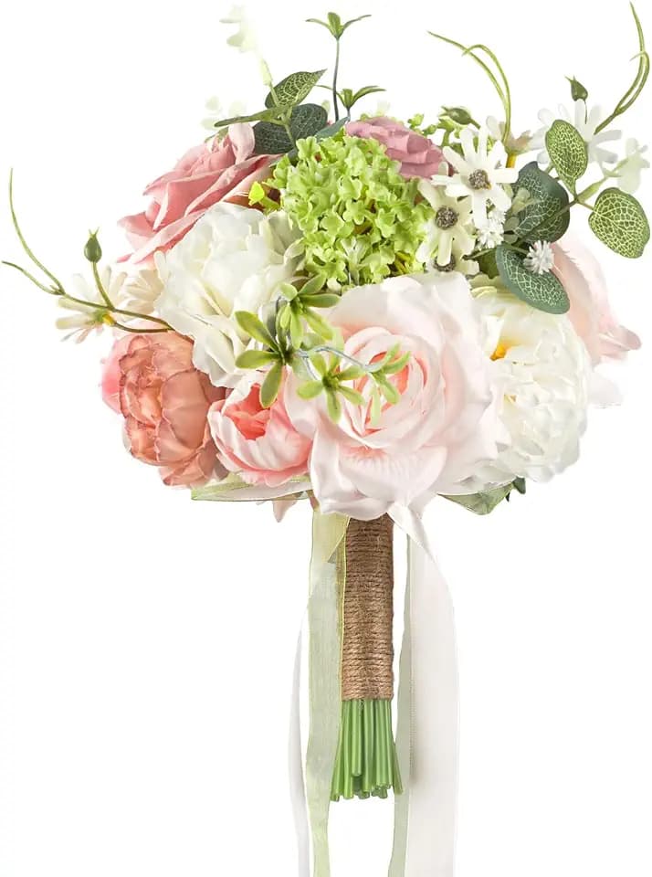 Blush Pink Wedding Bouquets for Bride Bridesmaid White Green Artificial Fake Silk Roses Flowers for Wedding Spring Boho Rustic Decoration Toss Bouquet Prom Ceremony Anniversary