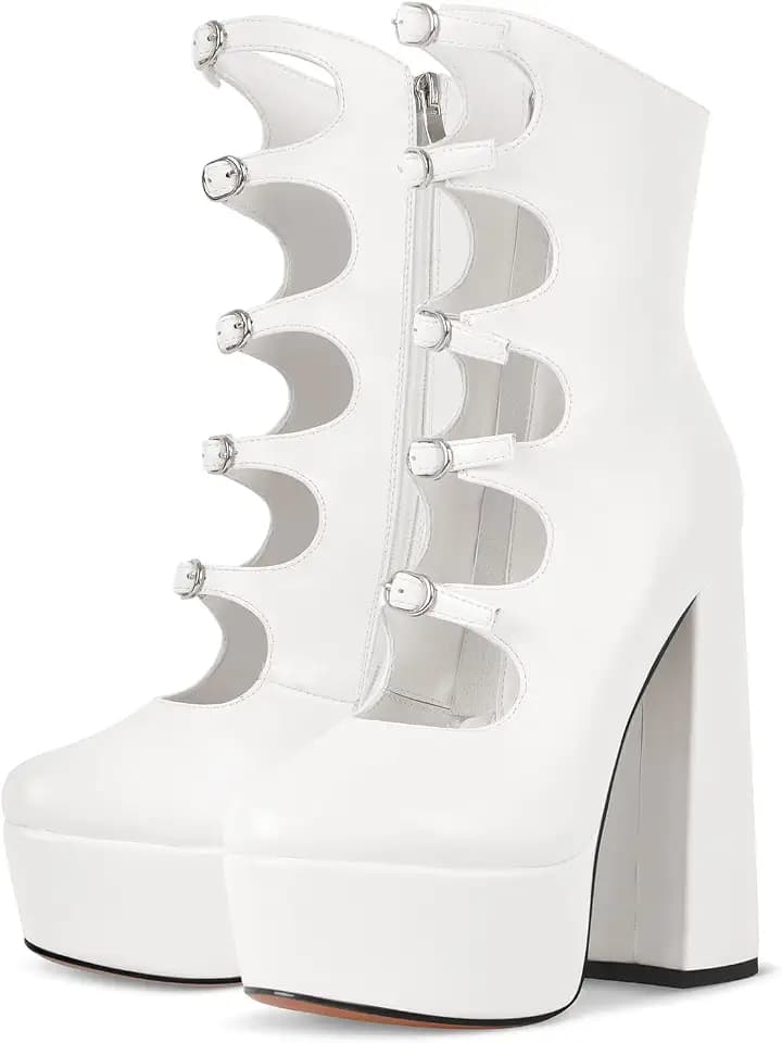 Women's Platform High Heels Side Zipper Adjustable Buckles Block Heel Pumps Shoes