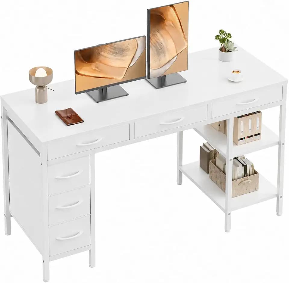 Simple Deluxe Computer Desk with 6 Drawers, 55 Inch Office Workstation with Storage Shelves, Reversible Corner Gaming Table, Home Office Study Desk with Fabric Organizer, White