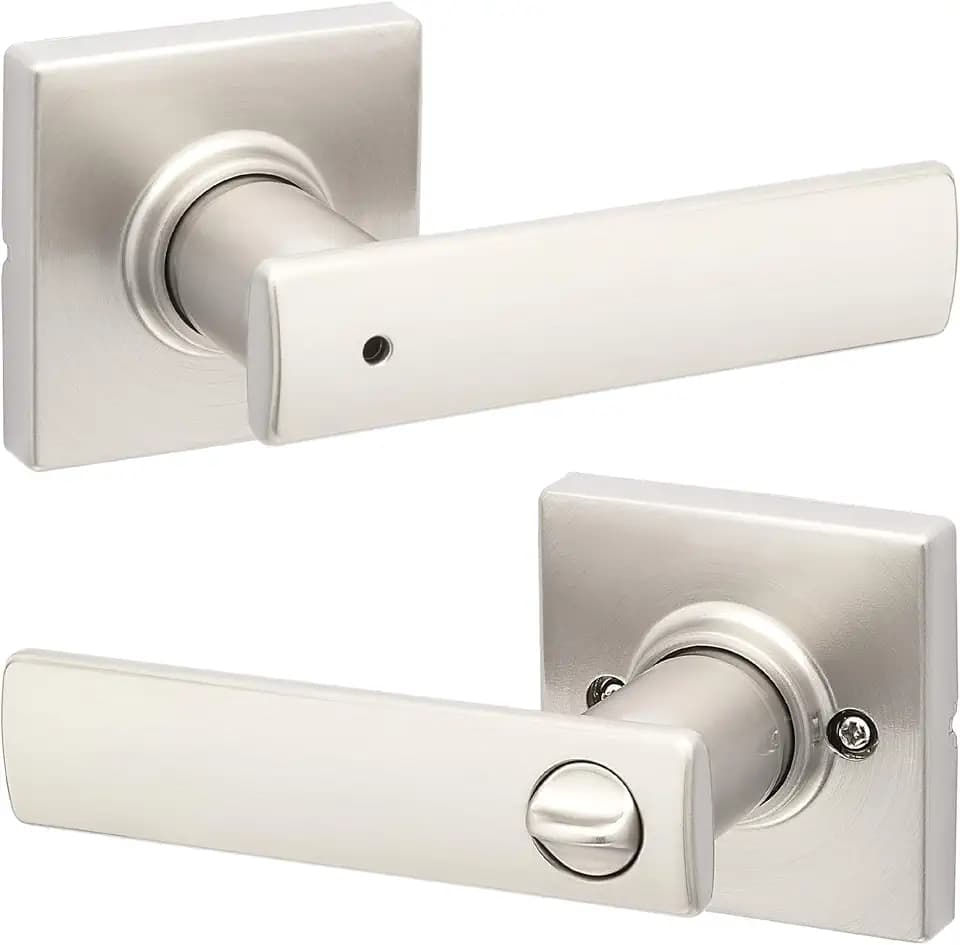 Kwikset Breton Interior Privacy Door Handle with Lock, Door Lever For Bathroom and Bedroom, Satin Nickel Reversible Keyless Turn Lock, with Microban Protection