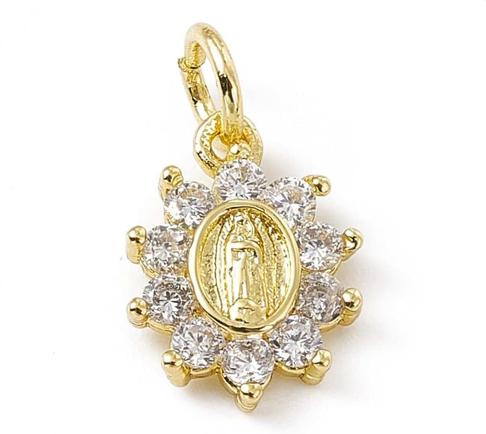 LiQunSweet 10 pcs Golden Color Saint Virgin Mary Theme Brass Pave Cubic Zirconia Charms Religious Medal Charms for DIY Jewelry Bracelet Necklace Earring Craft Accessory