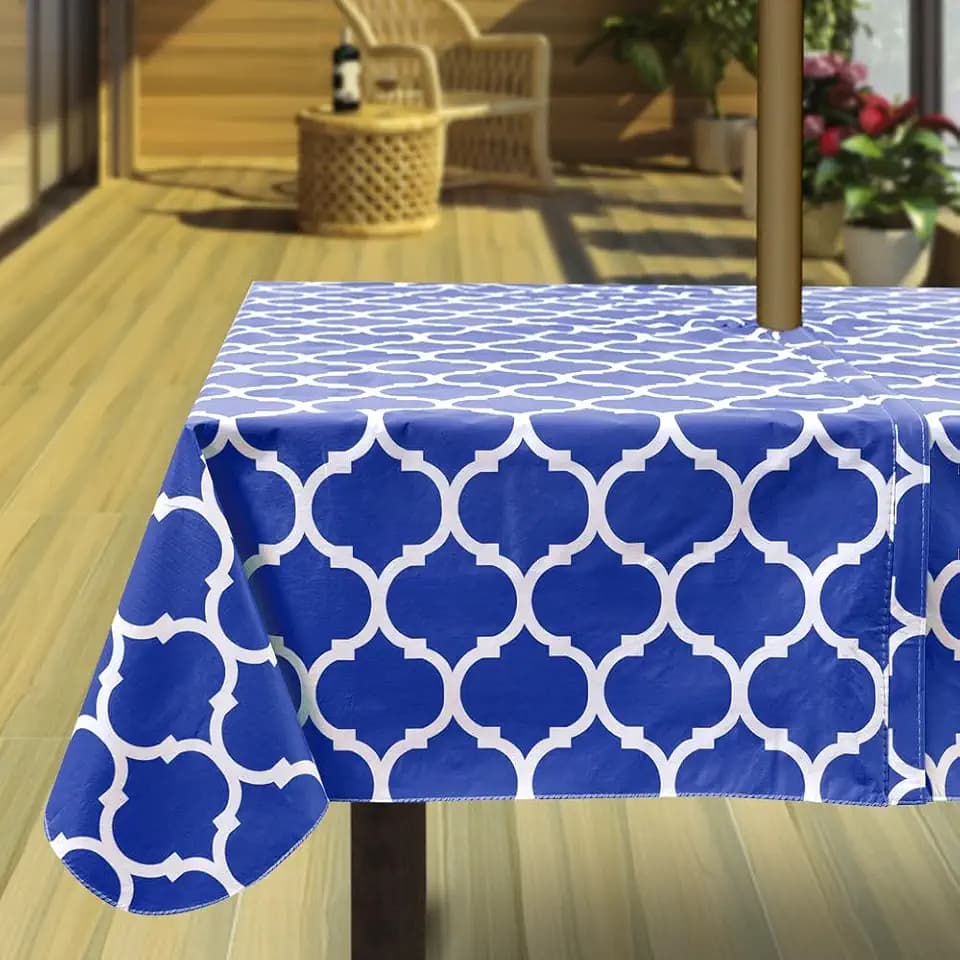 Hipinger Vinyl Square Tablecloth with Zipper and Umbrella Hole, Outdoor Oil Waterproof Stain Resisteant PVC Table Cover for Party, Picnic and Patio 60 Inch Square, Blue Moroccan
