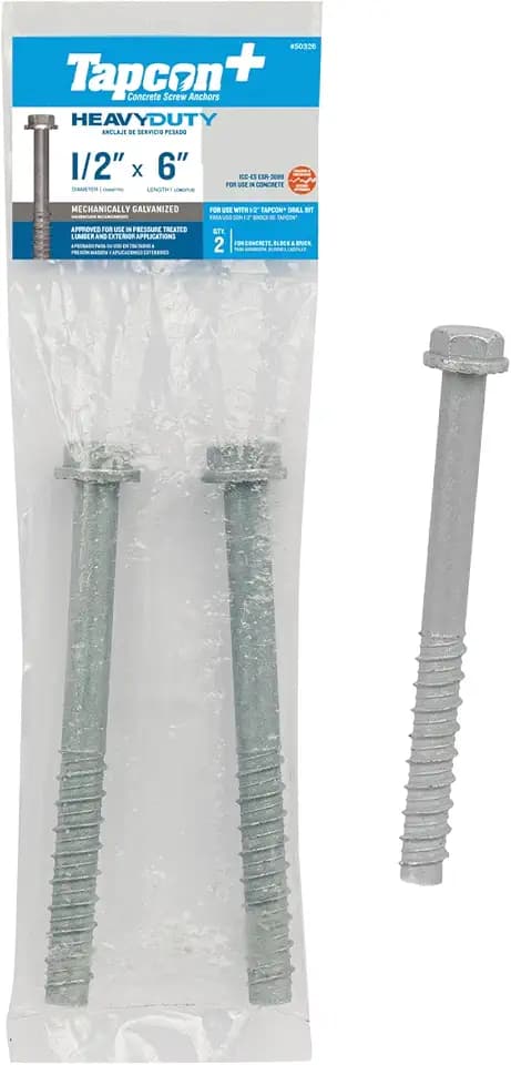 Tapcon+ 1/2 x 6 Inch Mechanically Galvanized Heavy-Duty Hex Head Concrete Anchors, 2 PCS, Extreme Corrosion Resistant, Exterior Use, Concrete Block and Masonry Brick Screws, Drill Bit Sold Separately