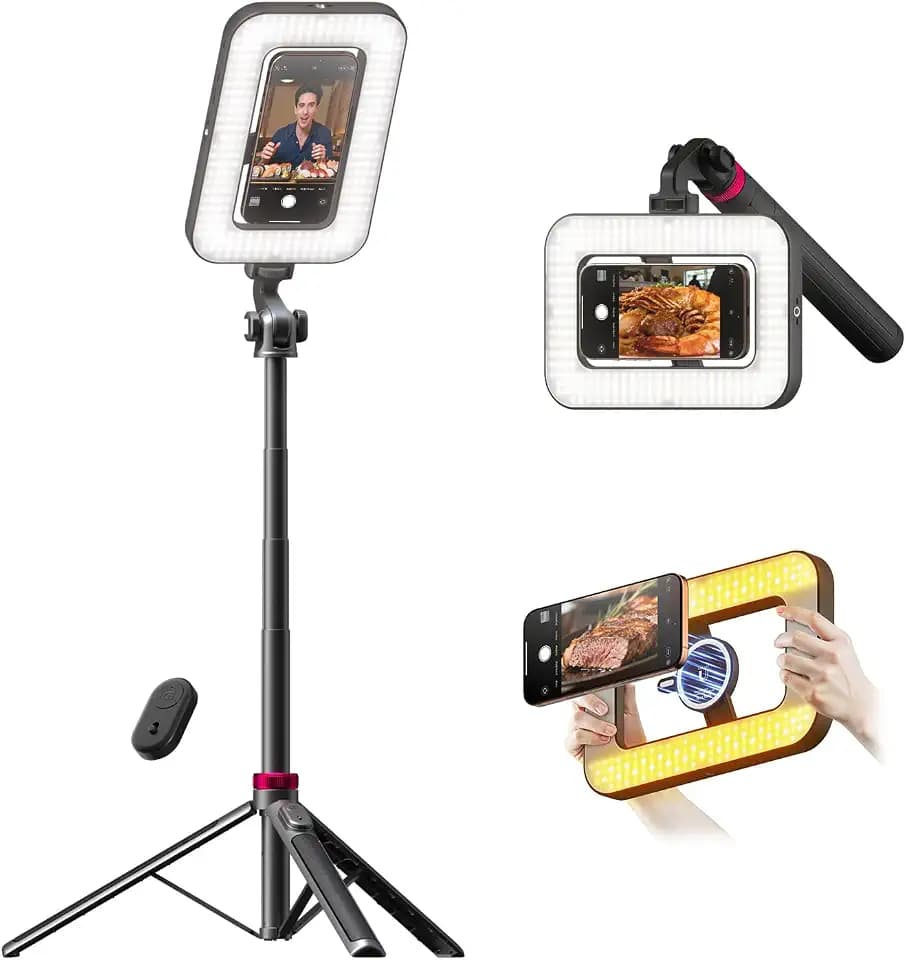 15W Ringlicht mit Stativ, 6000mAh Magnetisches Handy Stativ mit Ringlicht, 2500K–9000K Dimmbar, Tragbares Ring Light für Food Fotografie, Mukbang, Reise Vlog, Live-Stream, CRI>95