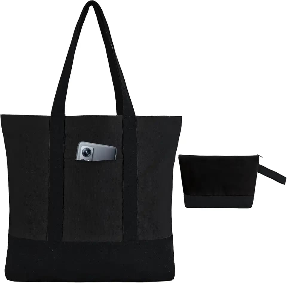 2-Pack Canvas Tote Bags and Makeup Bags, Cotton Zipper Bag, All Black
