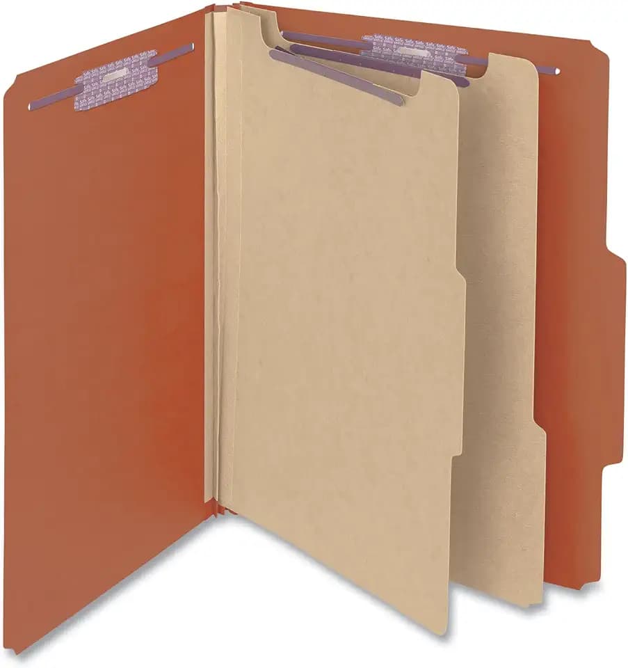 Smead Pressboard Classification File Folder with SafeSHIELD Fasteners, 2 Dividers, 2" Expansion, Letter Size, Red, 10 per Box (14073)