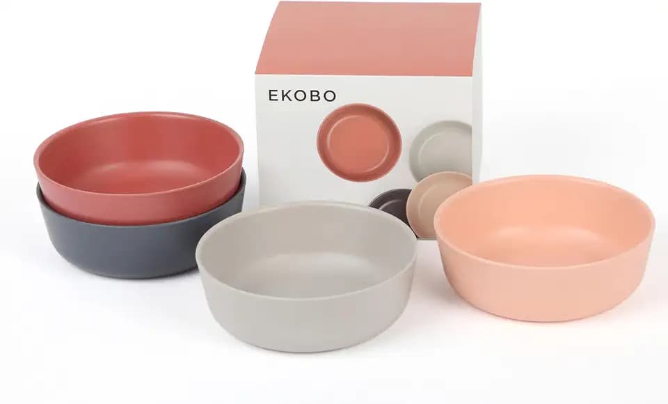 EKOBO Bamboo Kids Bowls Set of 4 SCANDI, 20 oz reusable Bowls in Blush, Cloud, Storm, Terracotta, Eco-Friendly, Stackable, Dishwasher Safe Bamboo Dinnerware for Kids & Families