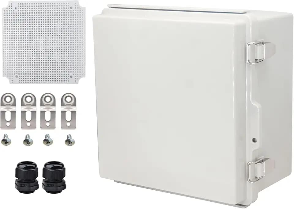 Waterproof Electrical Box with Mounting Plate, IP67 Junction Box Stainless Steel Latch Hinged Grey Cover Project Enclosure with Wall Bracket and 2 Glands 8.3" x 8.3" x 5.1"
