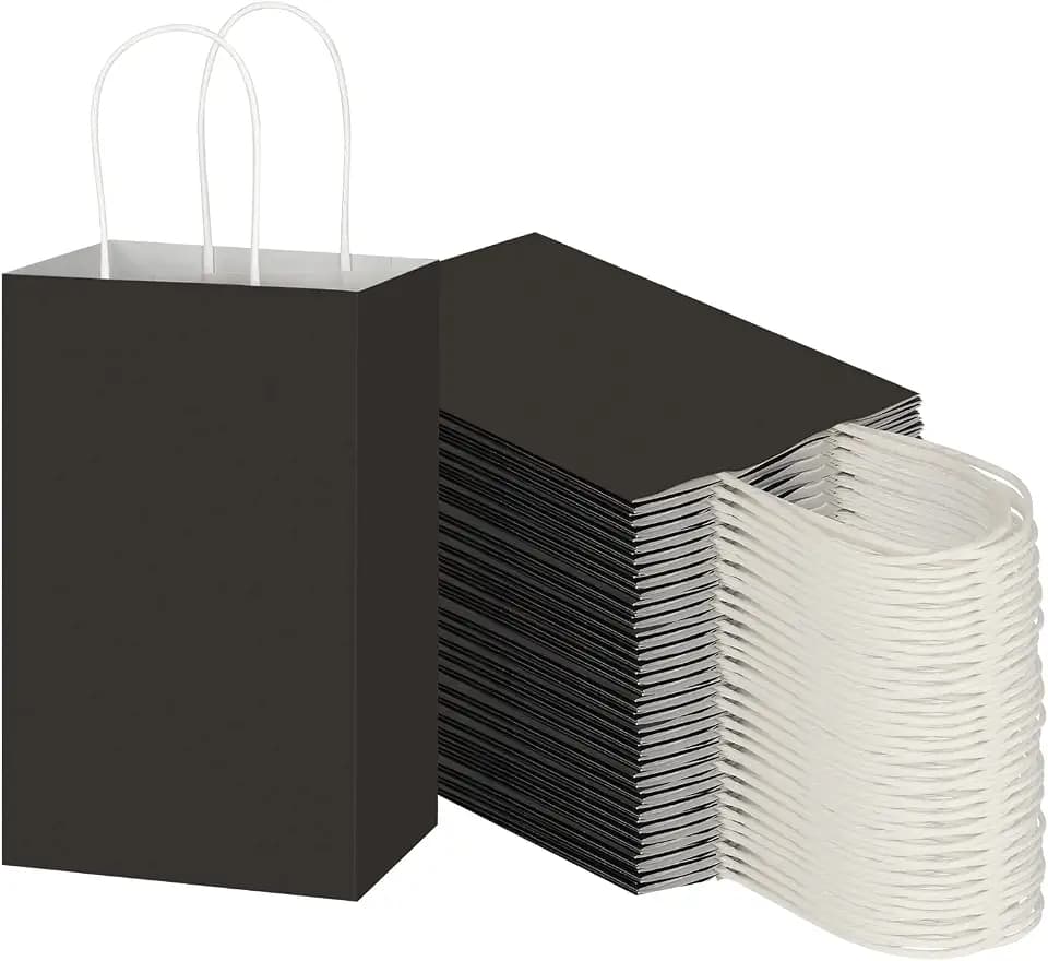 Toovip 100 Pack 5.25x3.25x8.25 Inch Small Black Kraft Paper Bags with Handles Bulk, Gift Wrap Bags for Favor Grocery Retail Party Birthday Shopping Business Goody Craft Merchandise Take Out Cub Sacks