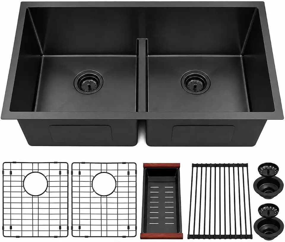 32 inch Double Bowl Kitchen Sink,Black Undermount Kitchen Sink 32 X 18 inch,16 Gauge Stainless Steel Undermount Sinks,Special Low-Divide Design