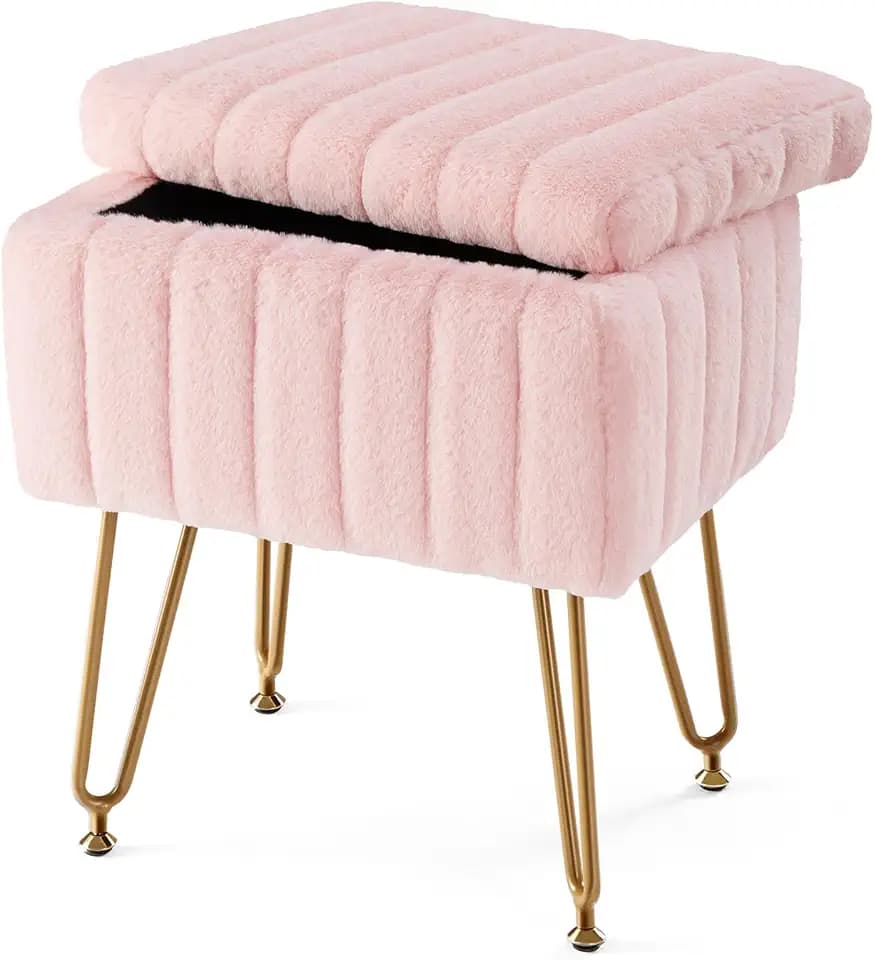 Sweetcrispy Vanity Stool Chair with Storage, 18.9”H x 16”L x 12.2”W Ottoman Chair Faux Fur Soft Padded Makeup Footstools Seat with 4 Metal Legs Anti-Slip Adjustable Feet for Make Up, Pink